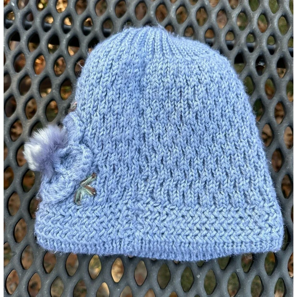 Hand knit Beanie with Knit Lining &‎ Faux Fur Flowers OS Kidcore